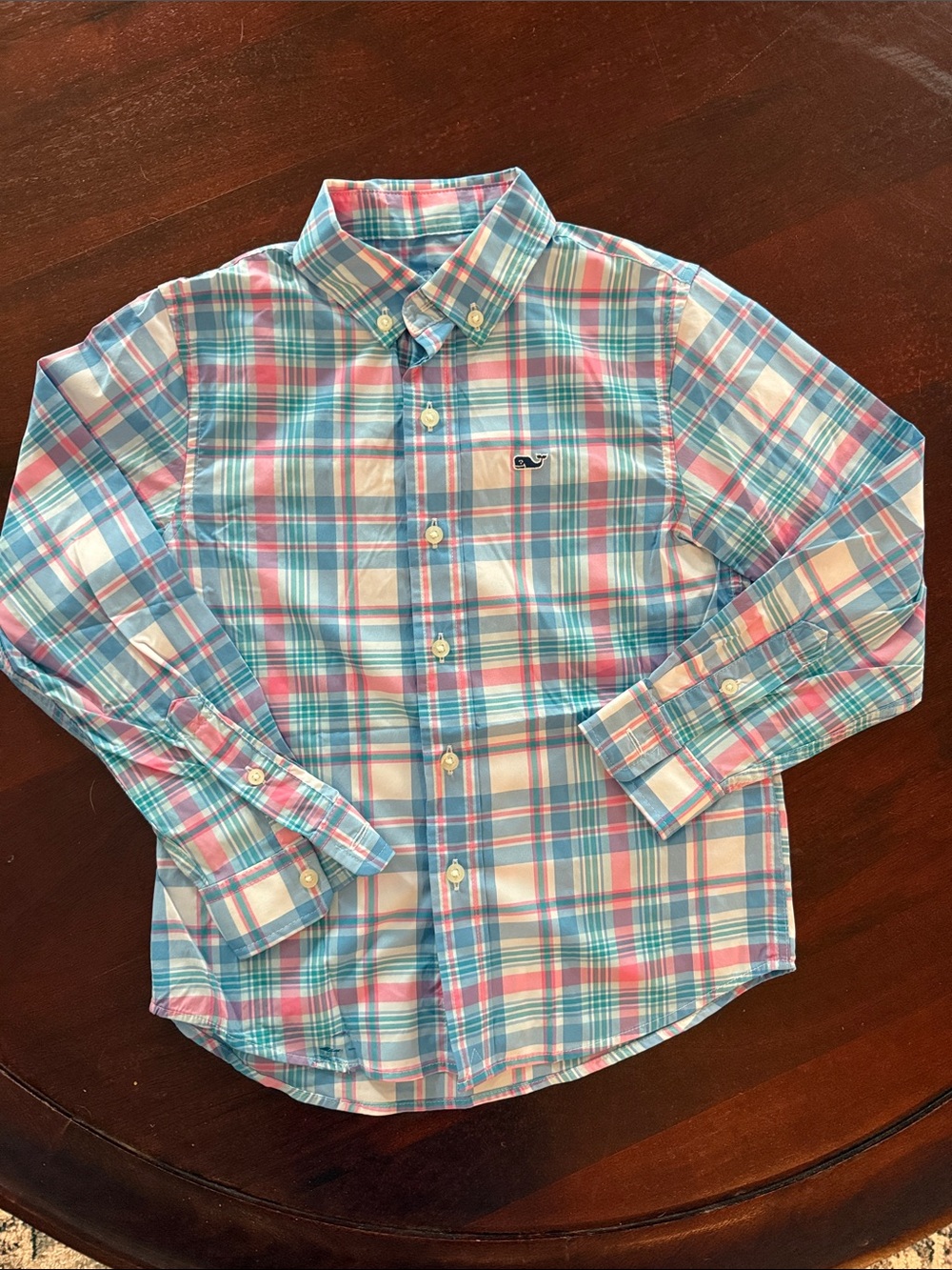 Vineyard Vines Kids Plaid Button-Down in Pink & Aqua Blue